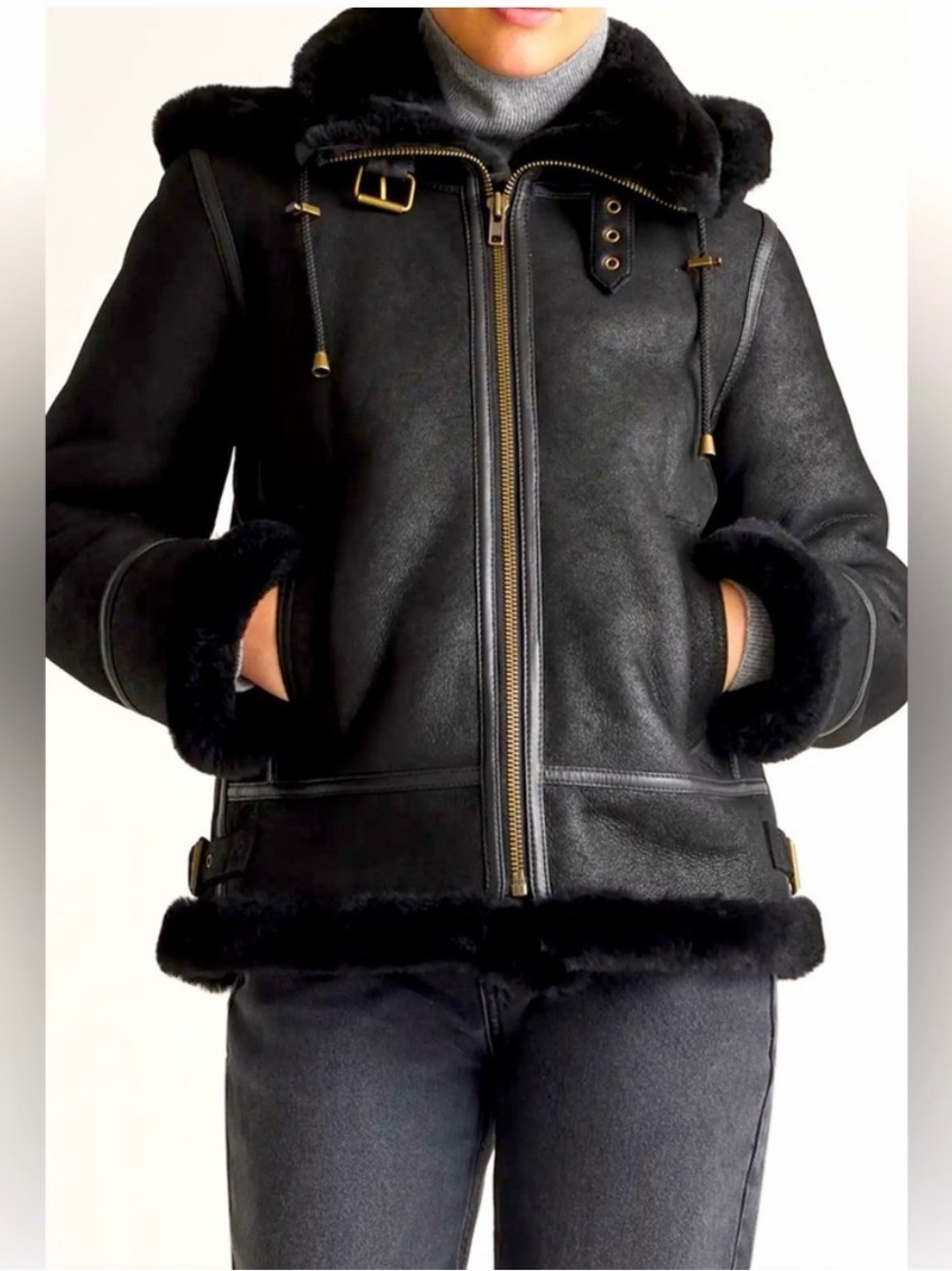 NEW Quince medium black 100% shearling bomber jacket winter coat leather fuzzy